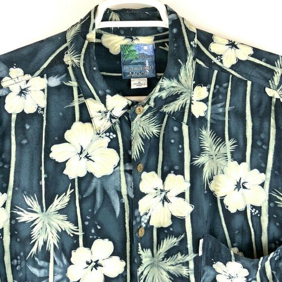 Hawaiian Moon Aloha Shirt Men’s XL Blue White Hibiscus Flower Button Front - Picture 1 of 7